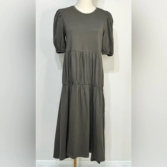 Zara Dresses & Skirts - ZARA Cottagecore Tiered Olive Green Maxi Dress Short Bubble Sleeve Size Small